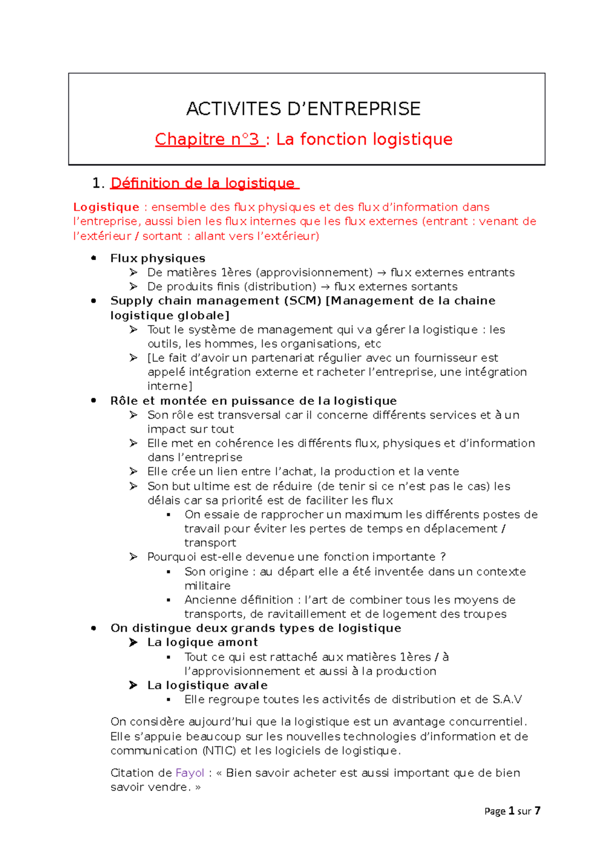 Act D Ent C3 Notes De Cours 3 Activites D Entreprise Chapitre N 3 La Fonction Logistique 1 Studocu