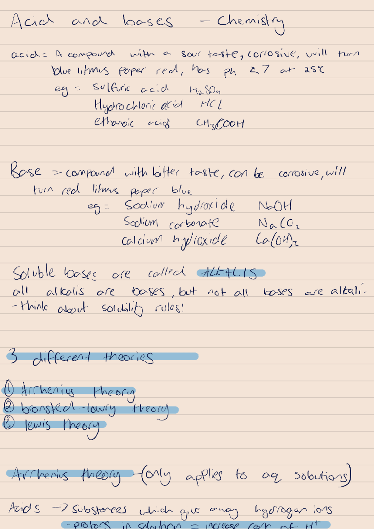 Week 7- Acid & bases notes - Acid and bases Chemistry A compound with a ...