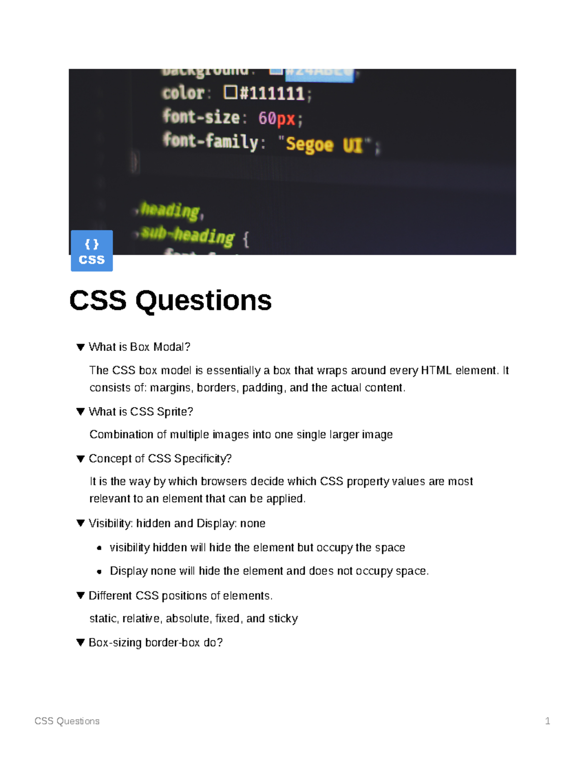 CSS Questions-5rxdxl - NOTES - CSS Questions 1 CSS Questions What is ...