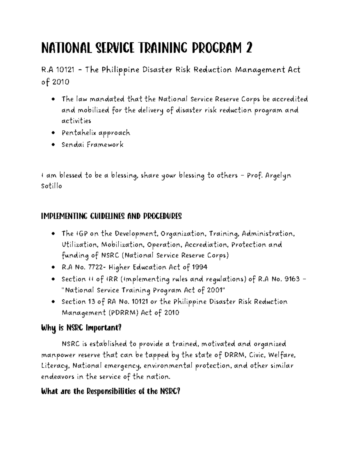 National Service Training Program 2 National Service Training Program