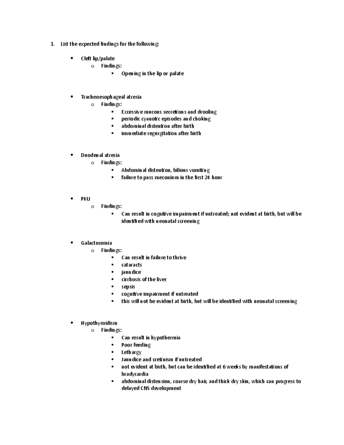 Week 11 PTC-1 - naaaa - List the expected findings for the following ...