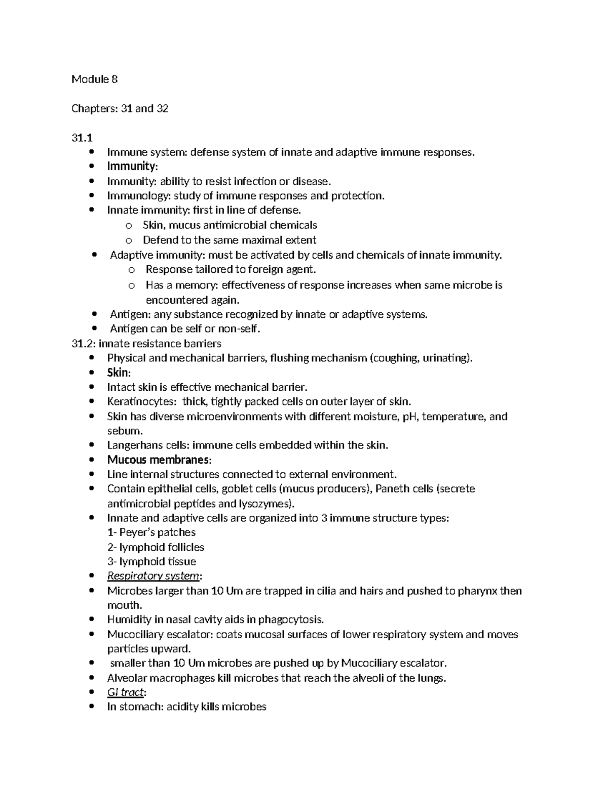 Module 8 notes Module 8 Chapters 31 and 32 31. Immune system