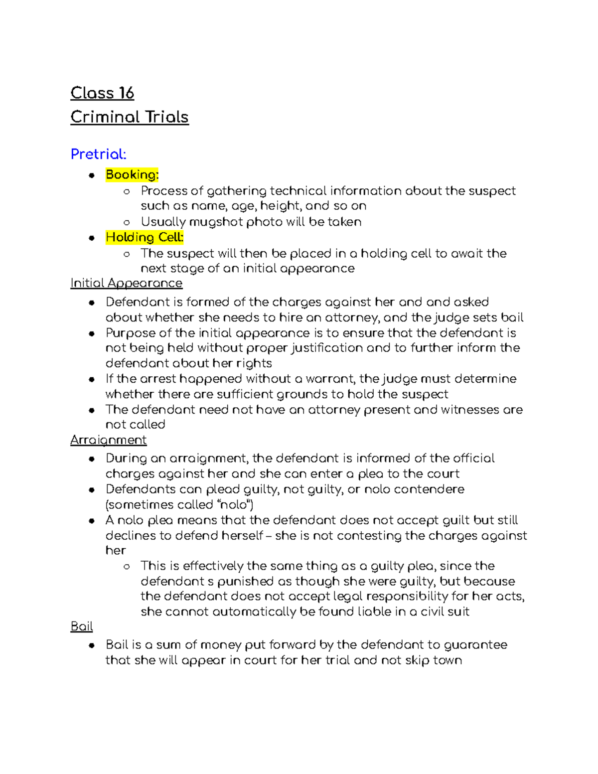 Class 16-Criminal Trials - Class 16 Criminal Trials Pretrial: Booking ...