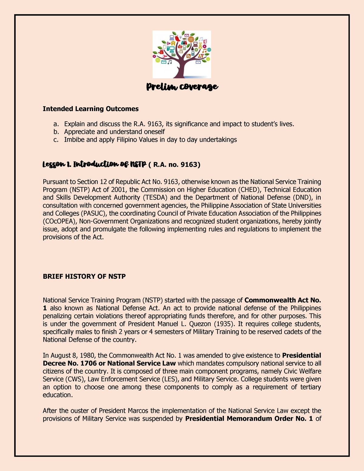 Lesson 1 Introduction OF NSTP (R.A. NO. 9163) - Prelim Coverage ...