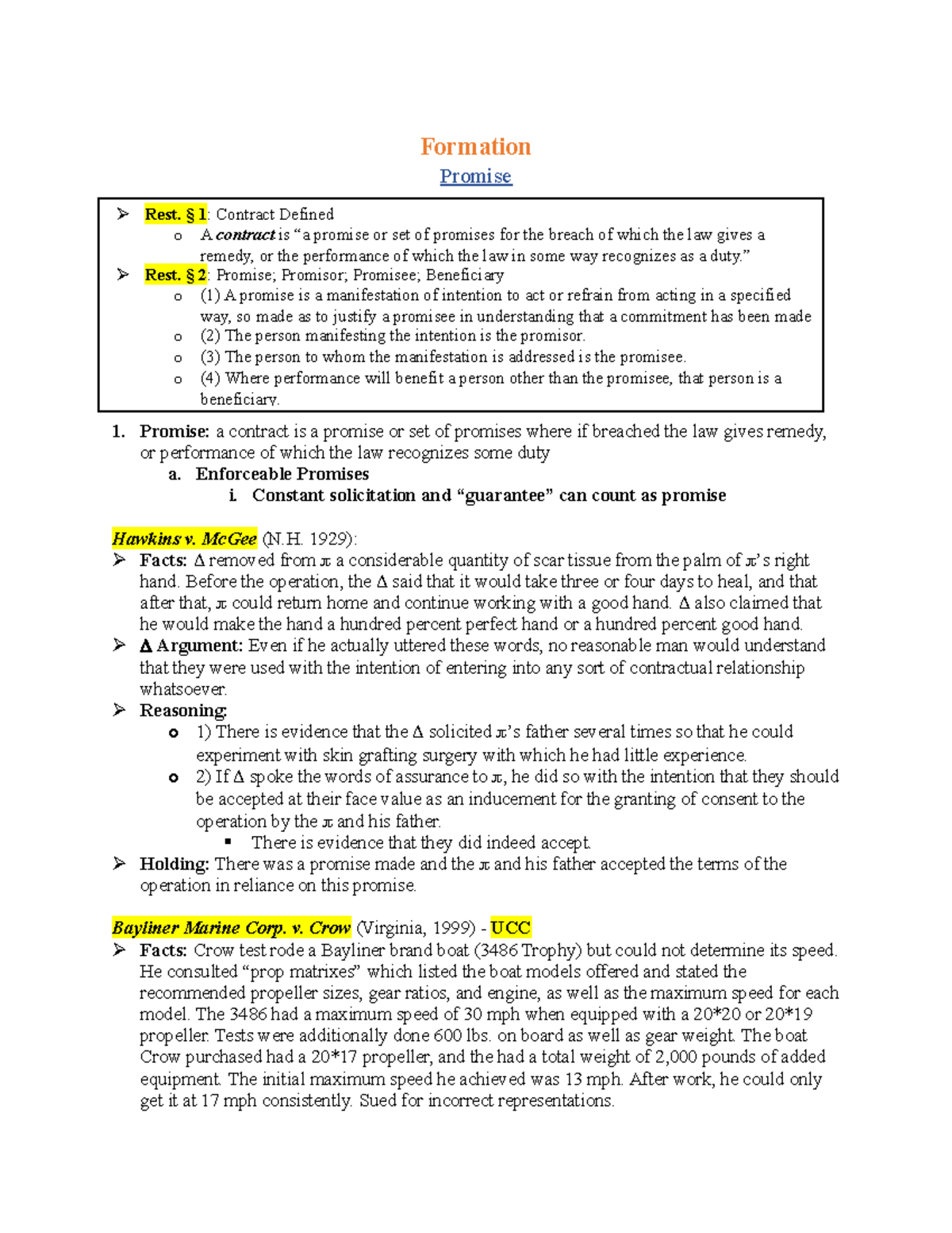 Contracts Law Outline - 1 - Formation Promise Promise: A Contract Is A ...