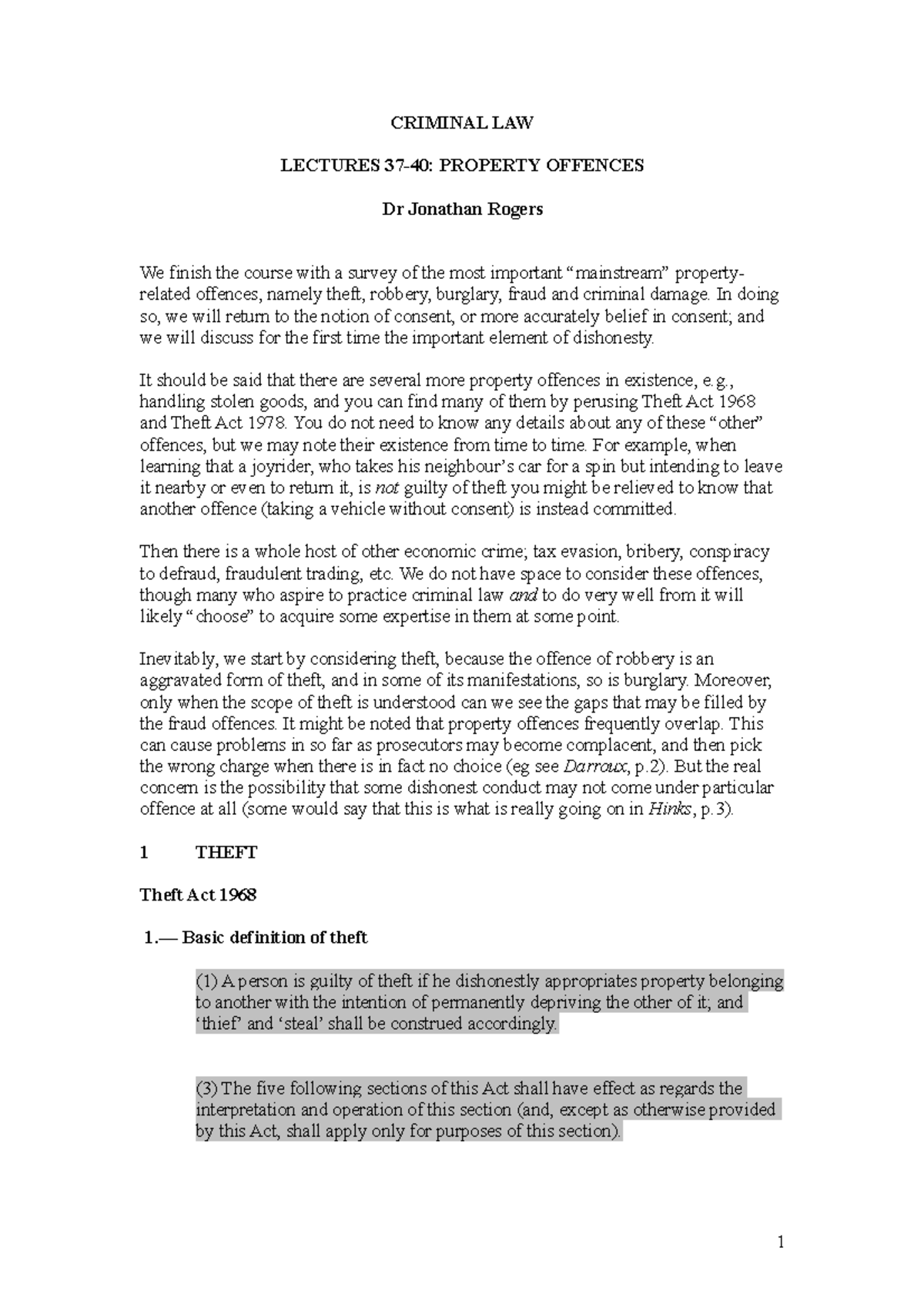 Criminal law lecture handout 2019 20 Property Offences (JWR) - CRIMINAL ...