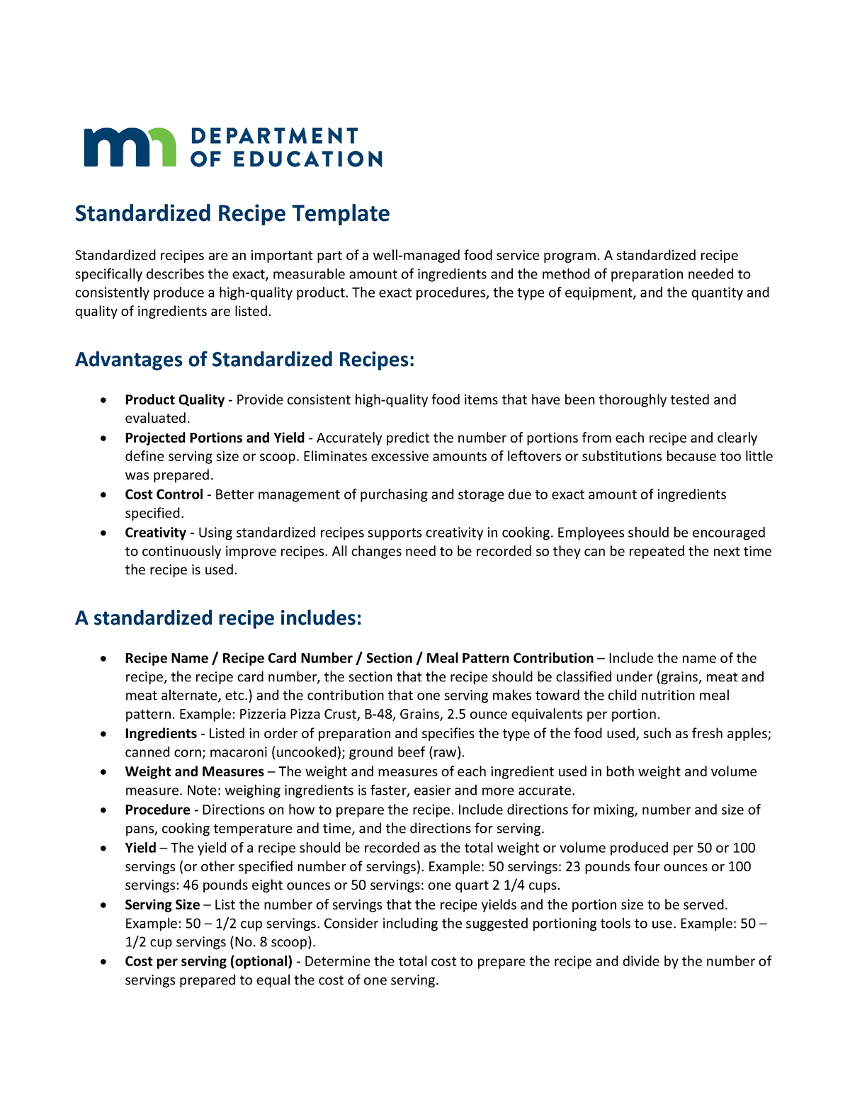 Standard Recipe Template - Standardized Recipe Template Standardized ...