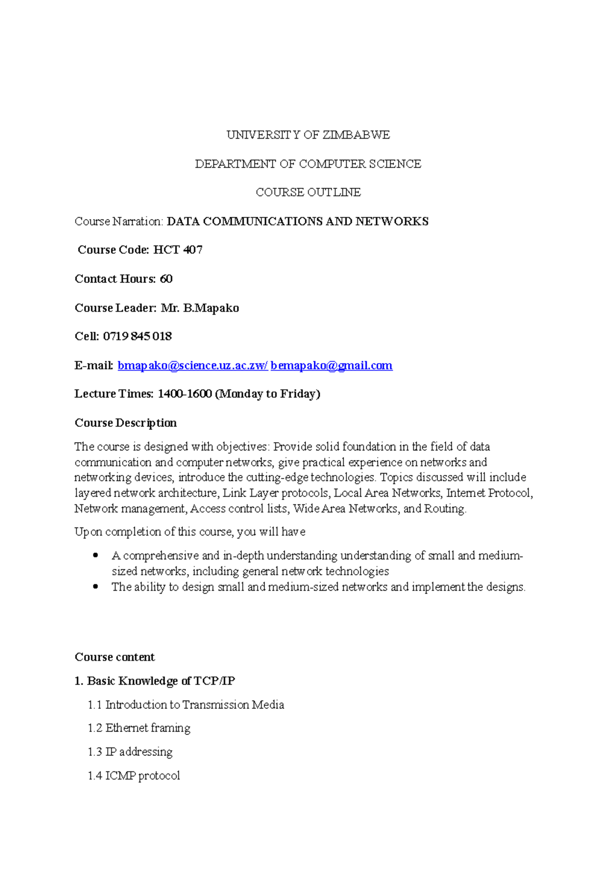 HCT407 - juhygtfcrgvhbj - UNIVERSITY OF ZIMBABWE DEPARTMENT OF COMPUTER