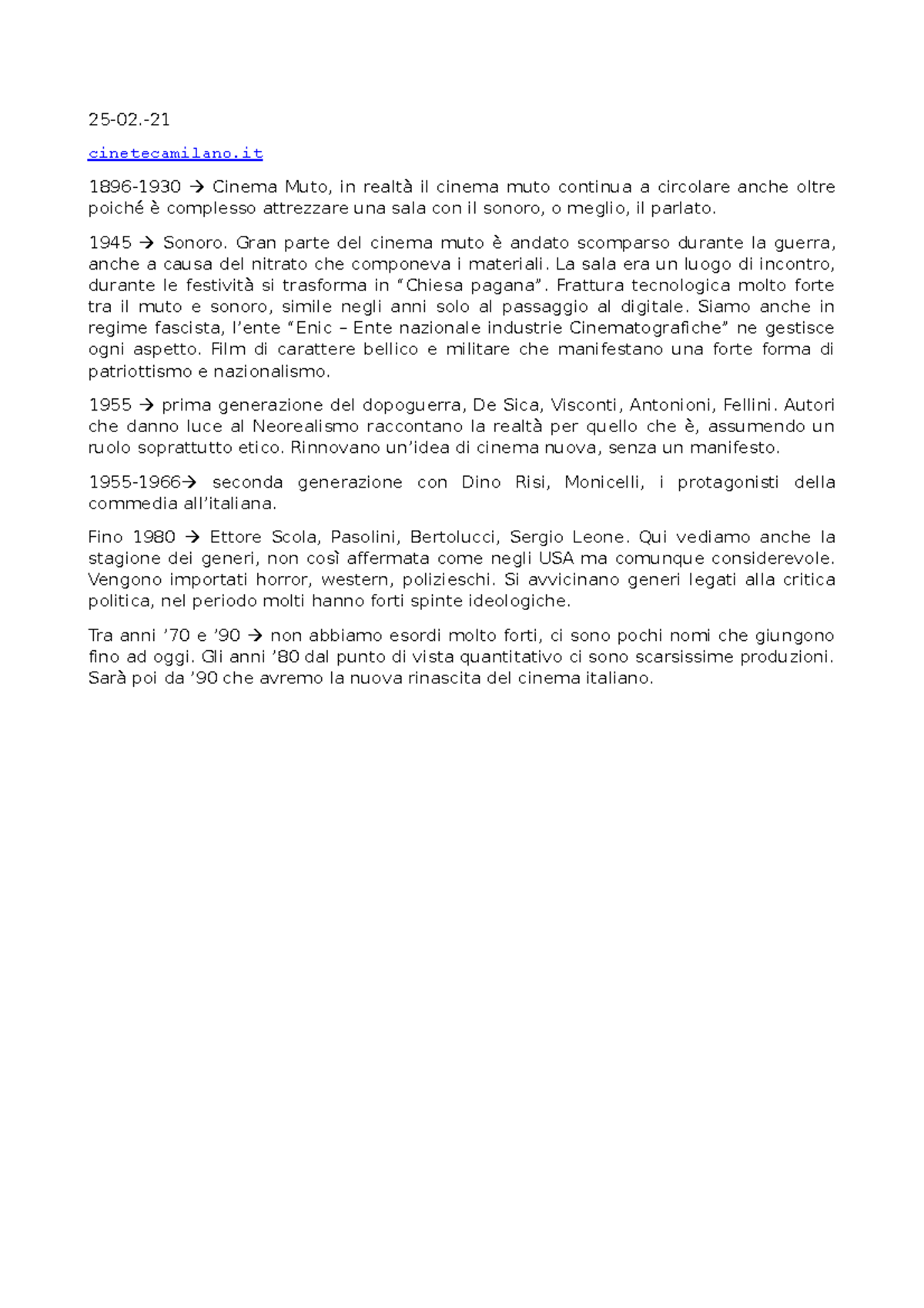 Storia DEL Cinema Italiano 2502. 18961930