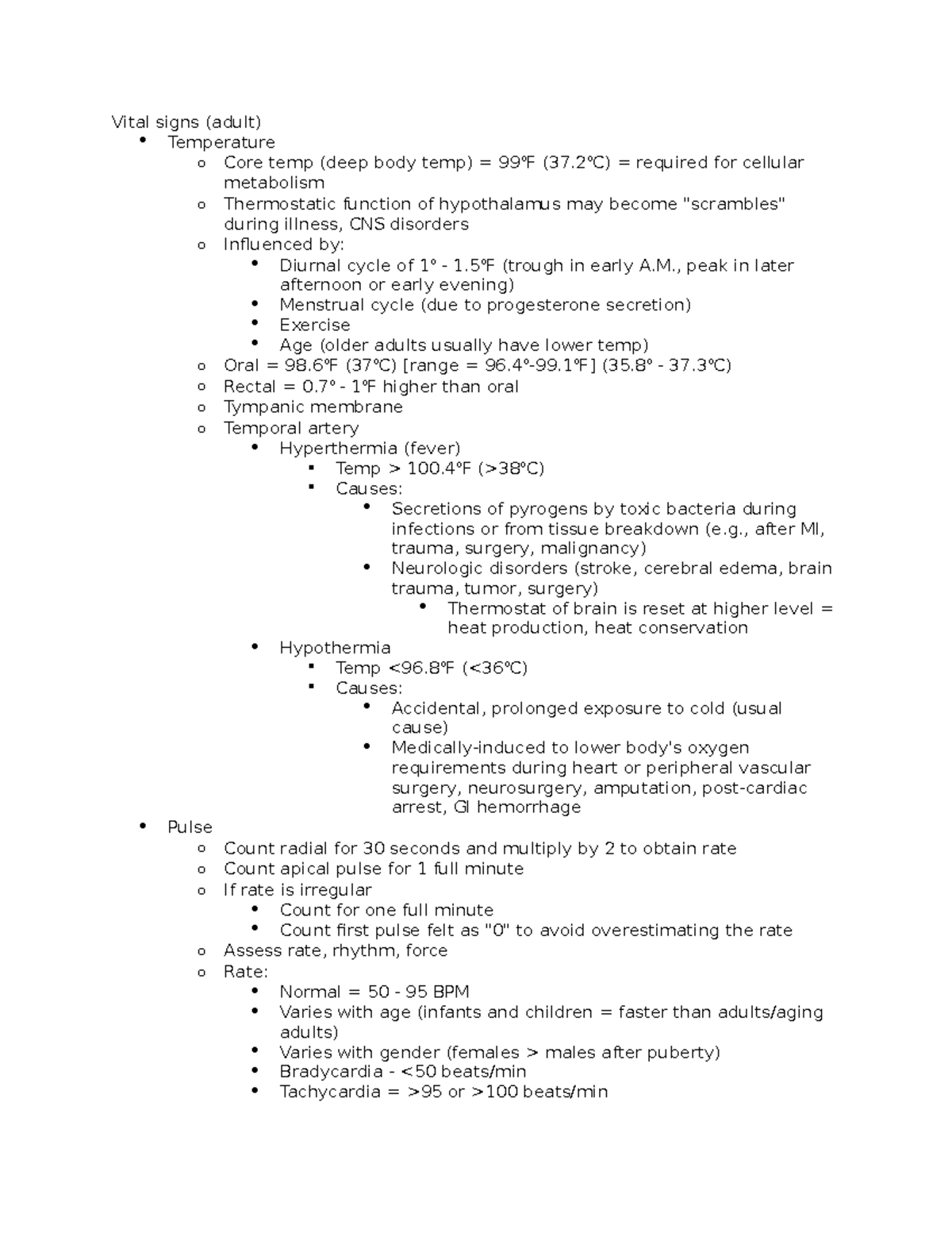 Resp - vital signs - Vital signs (adult) Temperature o Core temp (deep ...