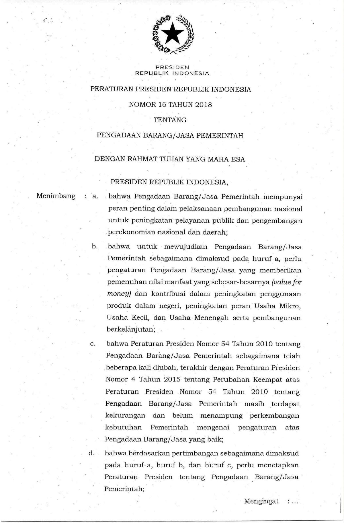 Perpres Nomor 16 Tahun 2018 - REPUBLIK INDONESIA PERATURAN PRESIDEN ...