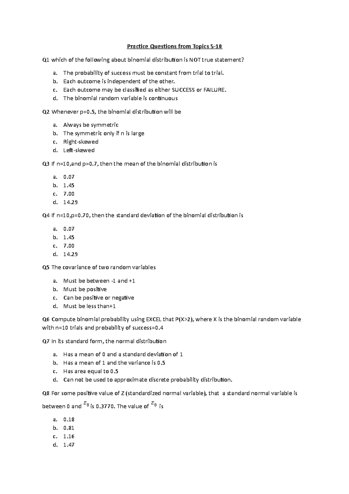 Sample/practice exam 9 September 2010, questions - Practice Questions ...
