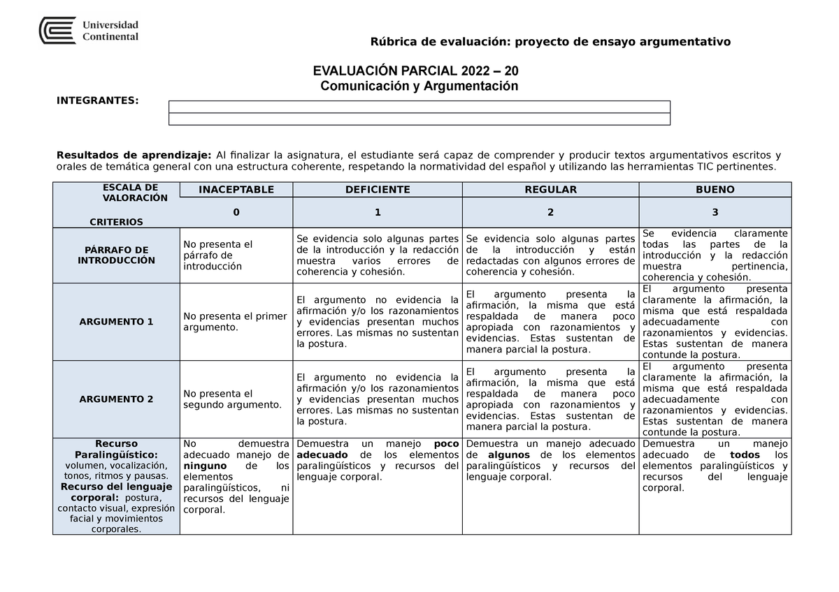 Rúbrica Evaluación Parcial 2022 20 Rúbrica De Evaluación Proyecto De Ensayo Argumentativo 2448