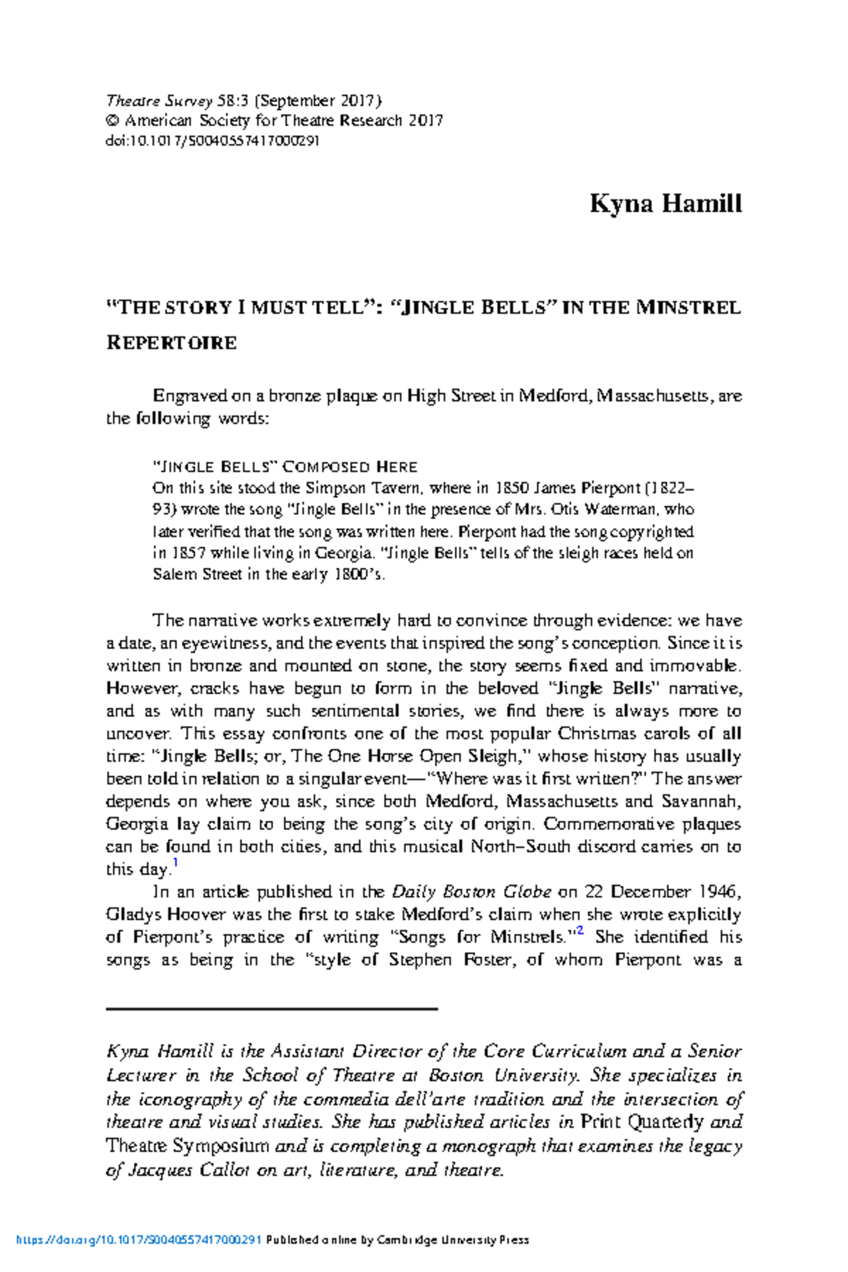 “THE Story I MUST TELL” “ Jingle Bells” IN THE Minstrel Repertoire