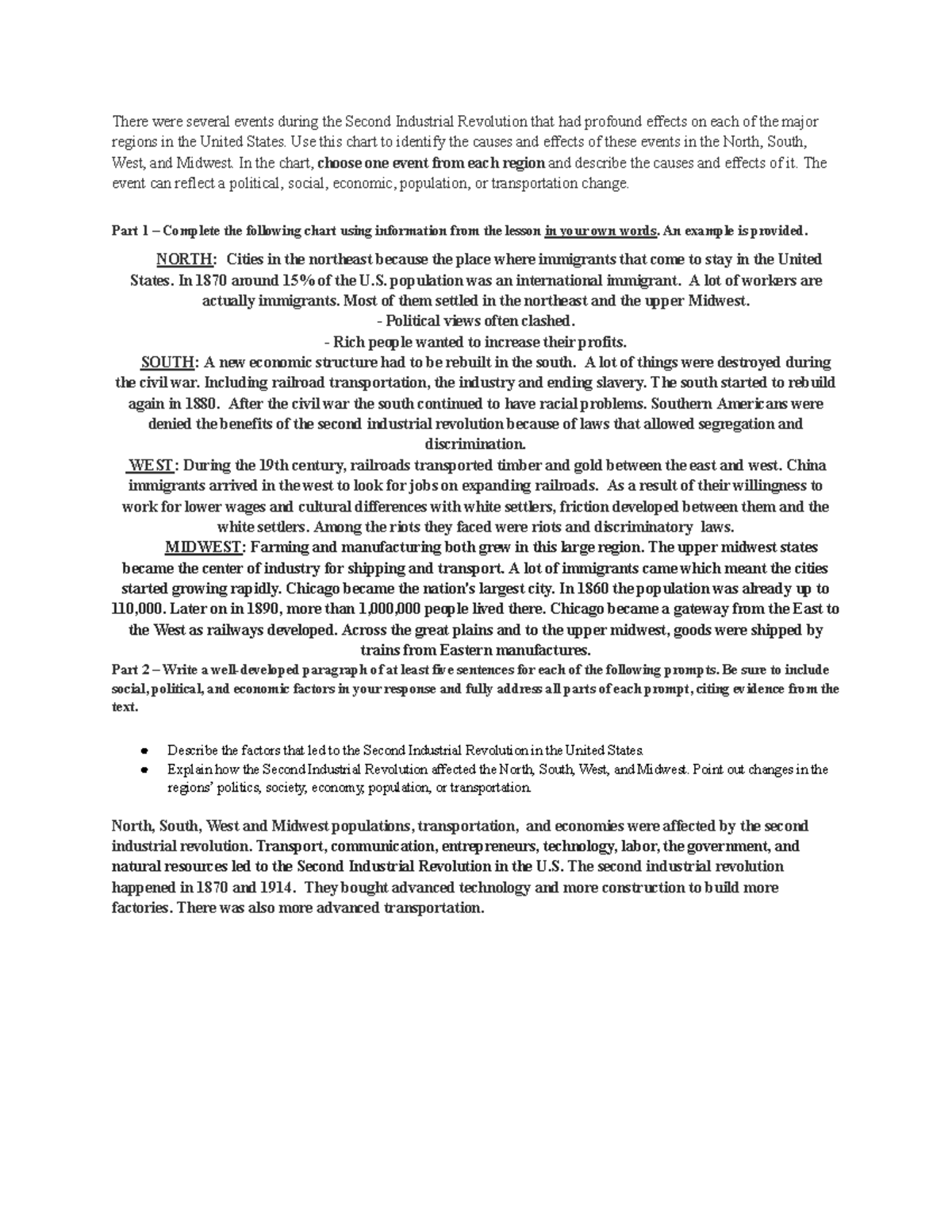 201 regions chart and written response There were several events