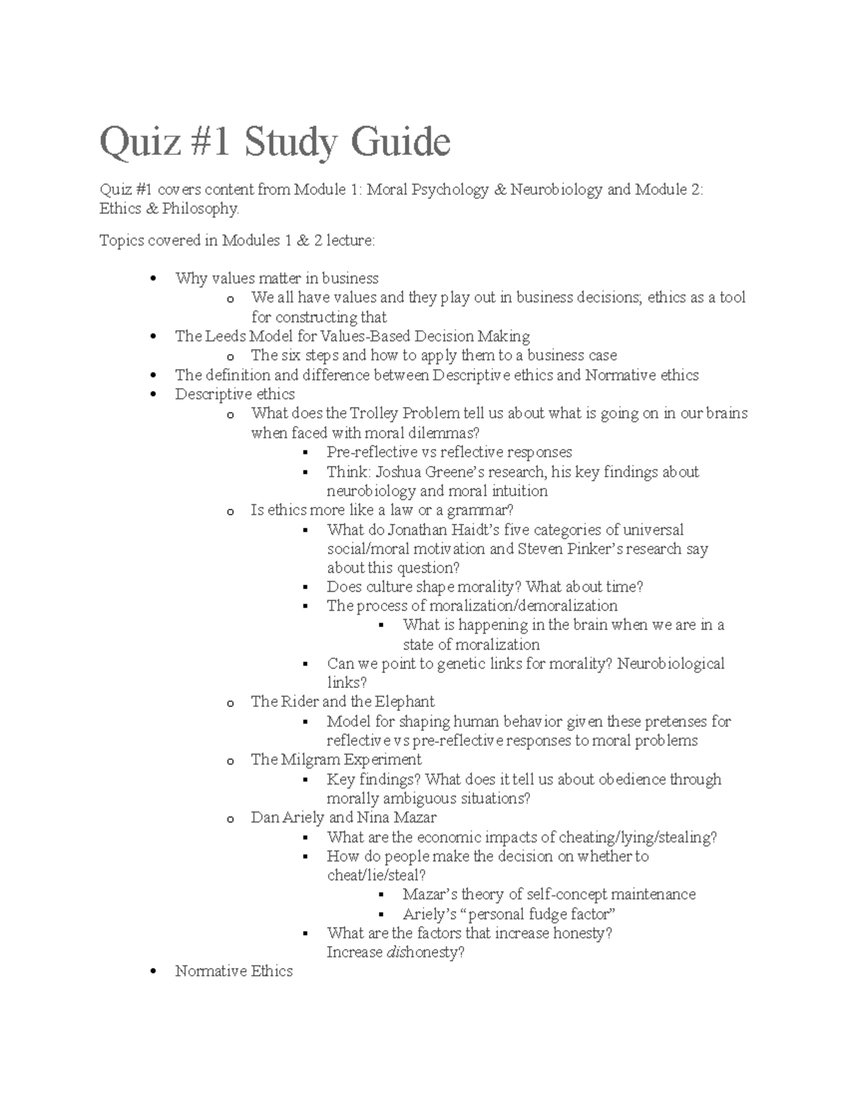 Ethics Quiz 1 Study Guide - Quiz #1 Study Guide Quiz #1 Covers Content ...