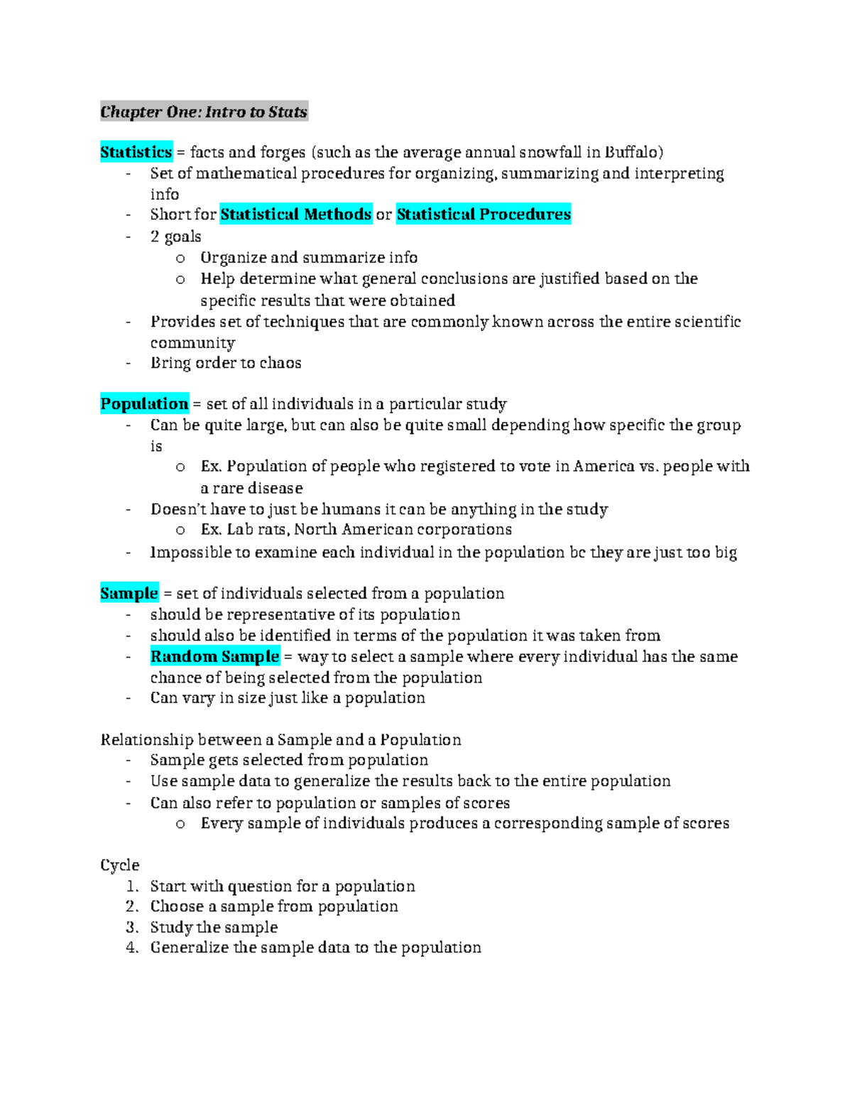 Progress Test 1 Notes - Chapter One: Intro to Stats Statistics = facts ...