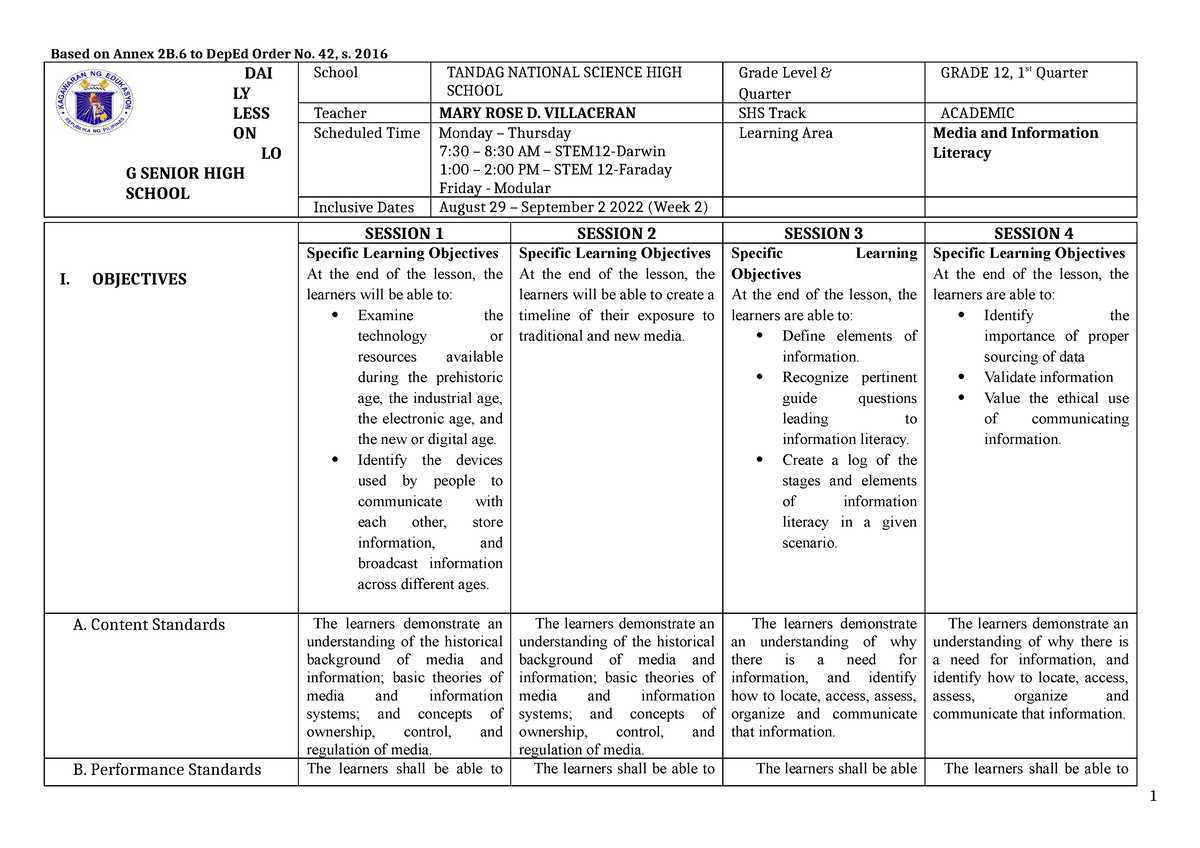 DLL MILQ1W2-3-4 - DAILY LESSON LOG QUARTER 1 WEEKS 2 -4 - Based On ...