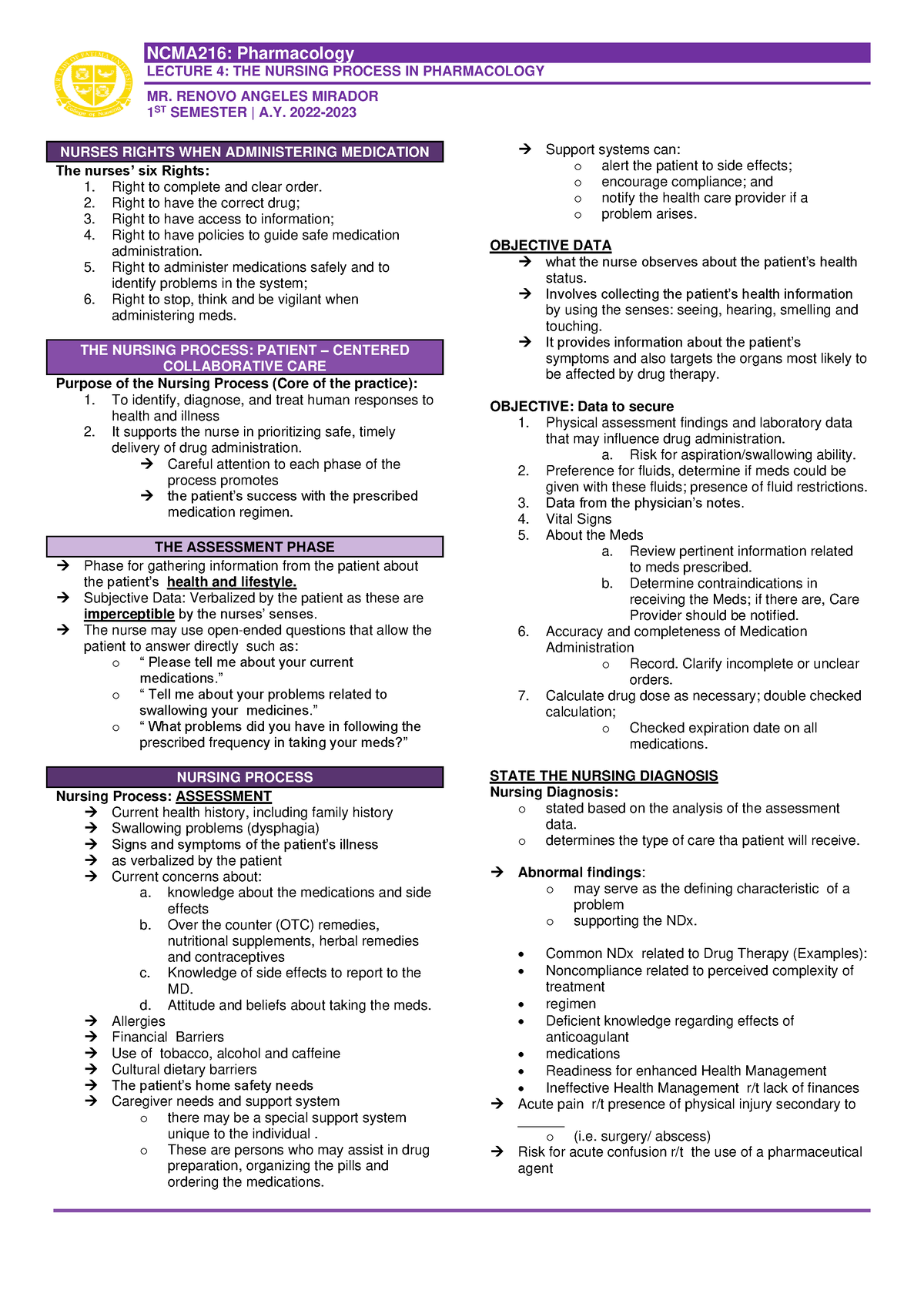 Lecture 4 - Nursing Process In Pharmacology - Lecture 4: The Nursing 