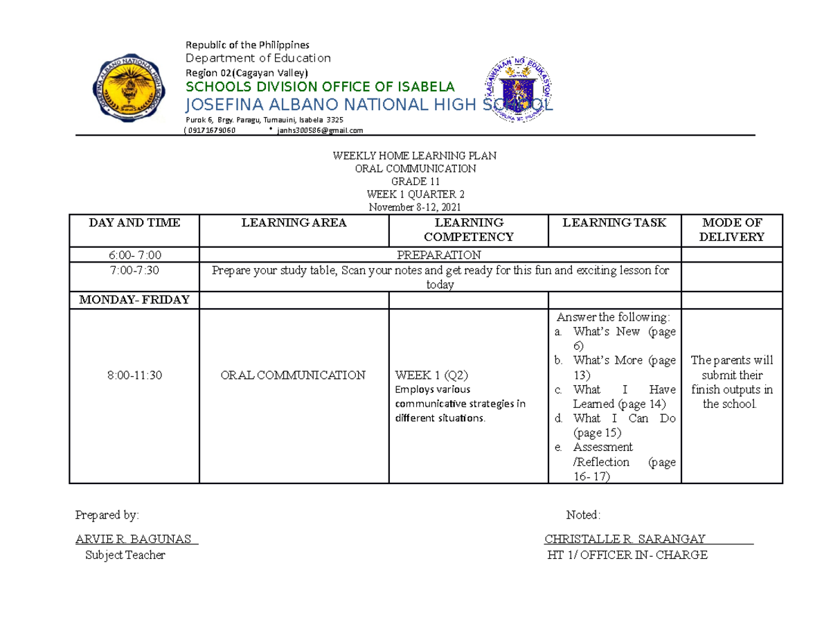 Week 1 q2 (Nov 8- 12) - a DLL - Republic of the Philippines Department ...