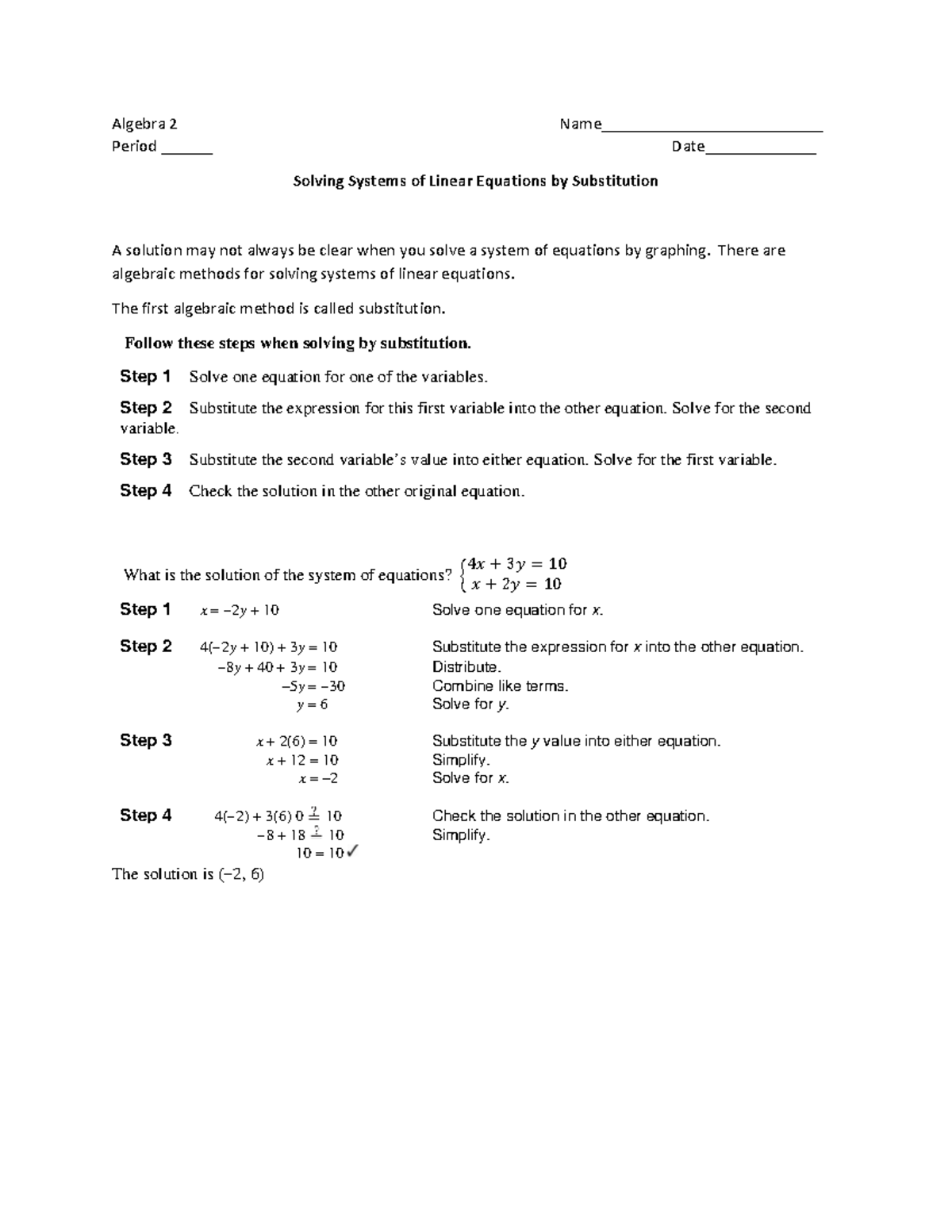 Solving Systems of Equations by Substitution Algebra 2 Name__________________________ Period