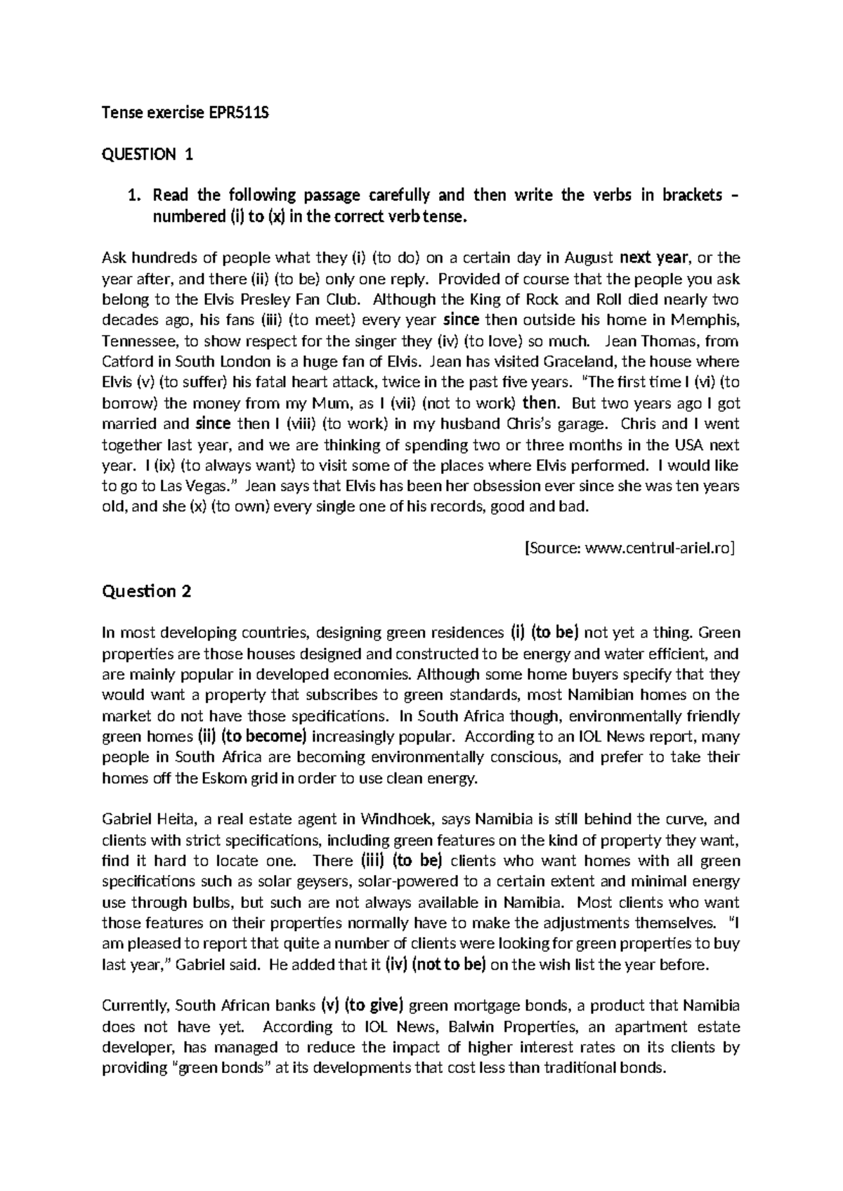 Exercises on tenses S2 2024 EPR511S - Tense exercise EPR511S QUESTION 1 ...