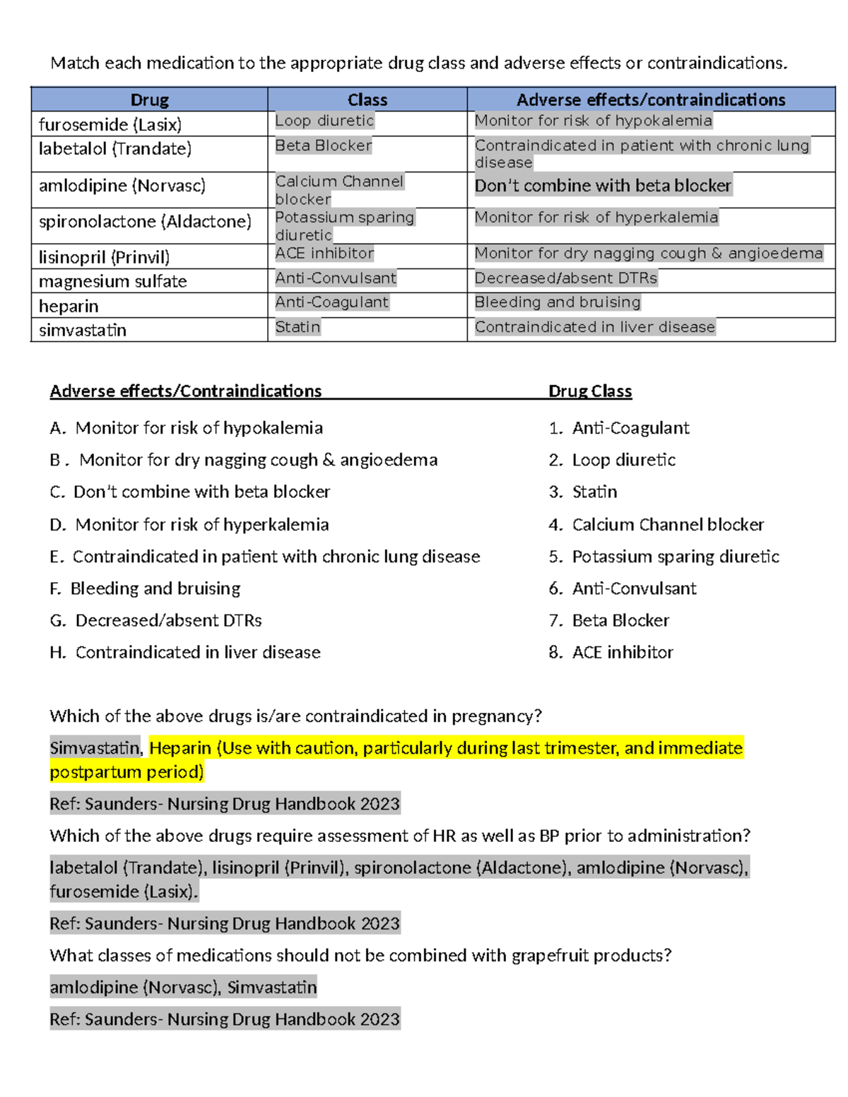 Perfusion Drug Worksheet Student - Match each medication to the ...