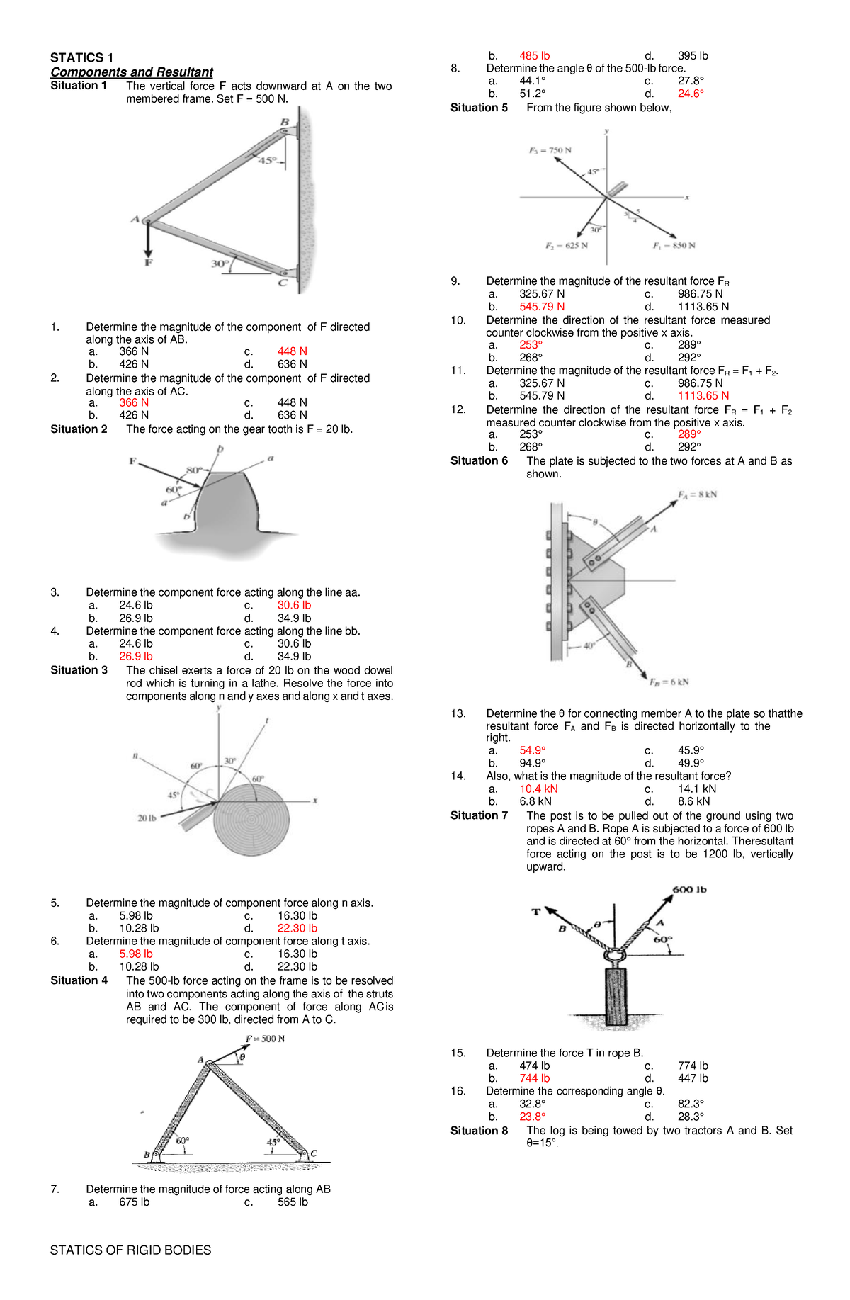 Statics 1 - problem set for practice - STATICS 1 Components and ...