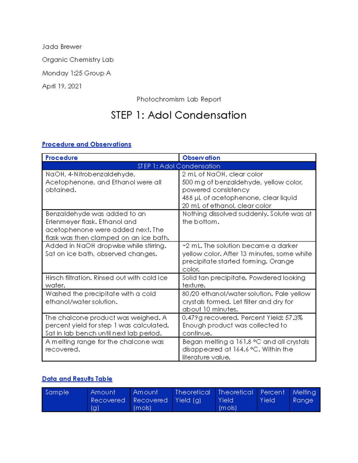 Photochromism Lab Report PDF Jada Brewer Organic Chemistry Lab Monday