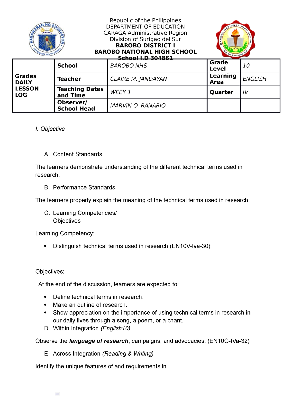 Eng10 4Q LP Week1 CO - English Lesson Plan In Grade 10 - Grades DAILY ...