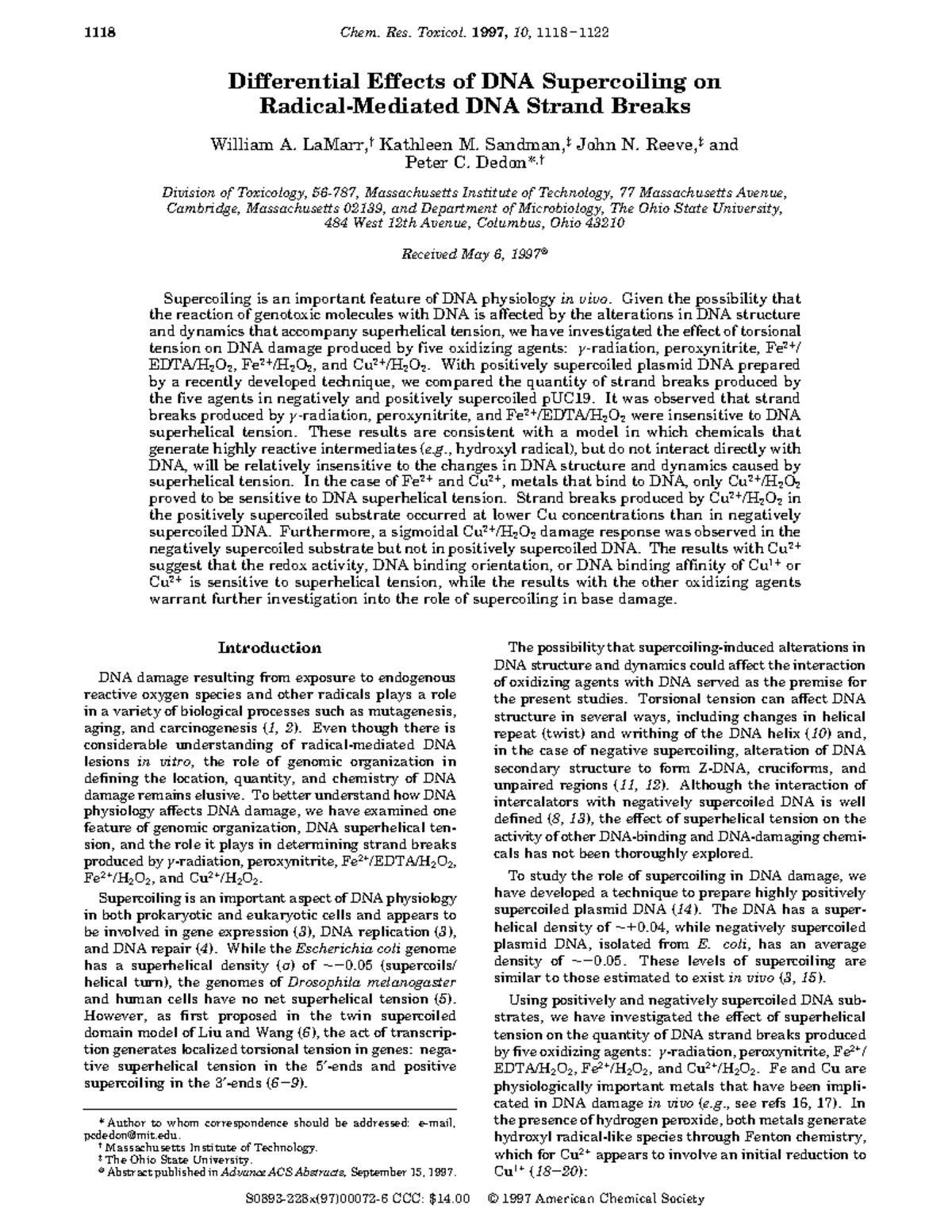 Differential Effects of DNA Supercoiling on Radical-Mediated DNA Strand ...