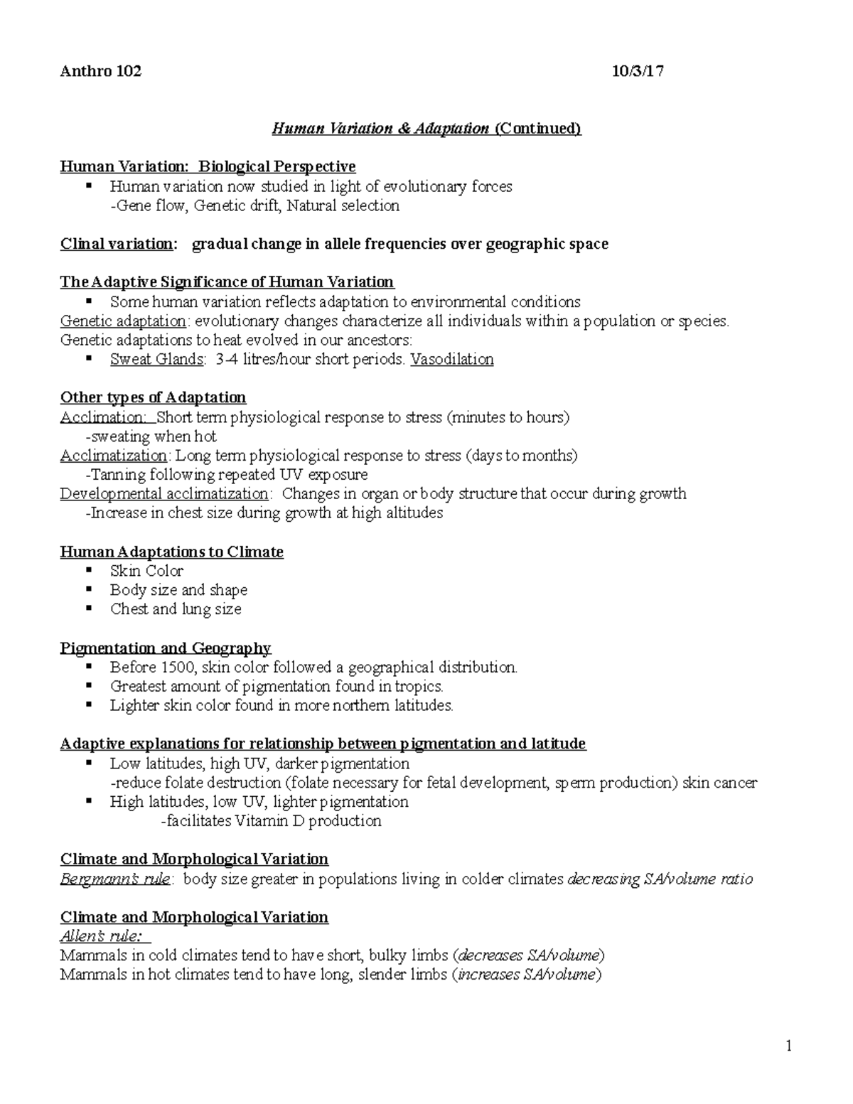 Lecture 9 - notes - Anthro 102 10/3/17 Human Variation & Adaptation ...