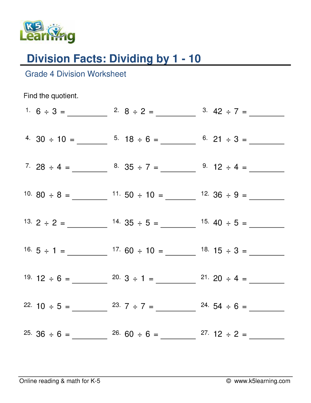 Grade 4 Division Facts 1 To 10 F Online Reading And Math For K 5