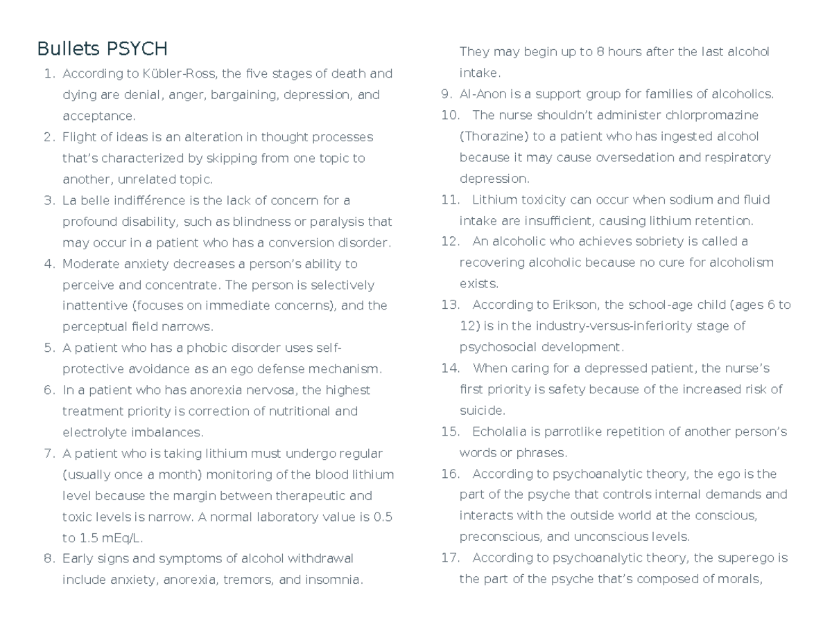 193109 - Bulleted Note of psychiatric Nursing - Bullets PSYCH According ...