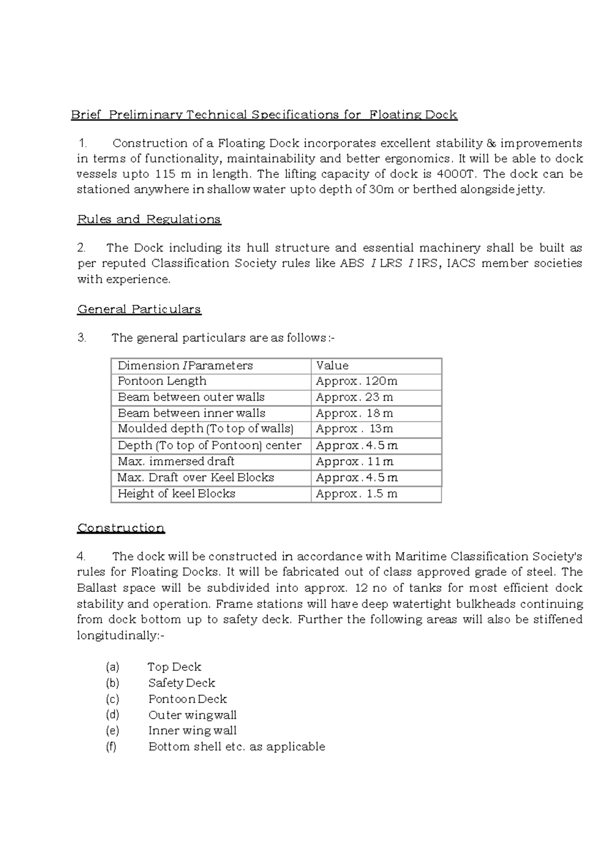 Details-of-Floating-Dock - Brief Preliminary Technical Specifications ...
