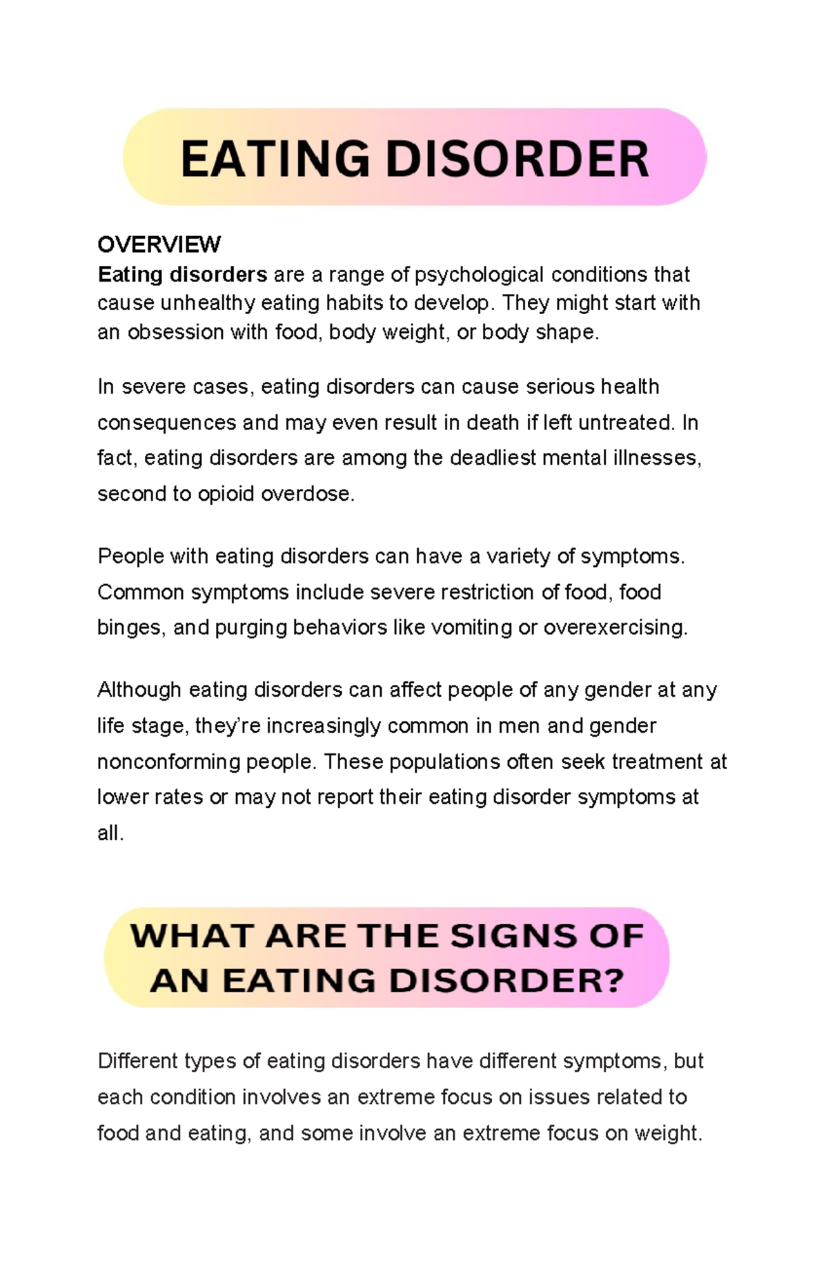 G2- Eating- Disorder - OVERVIEW Eating disorders are a range of ...