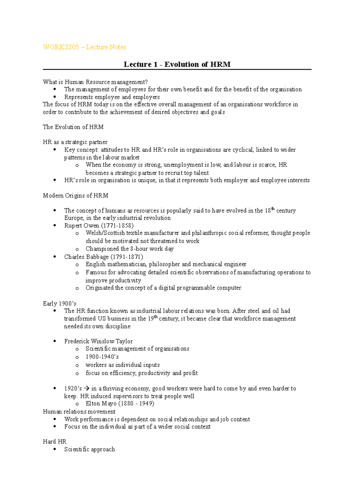 WORK2205 - Lecture Notes - WORK2205 Lecture Notes Lecture 1 Evolution ...