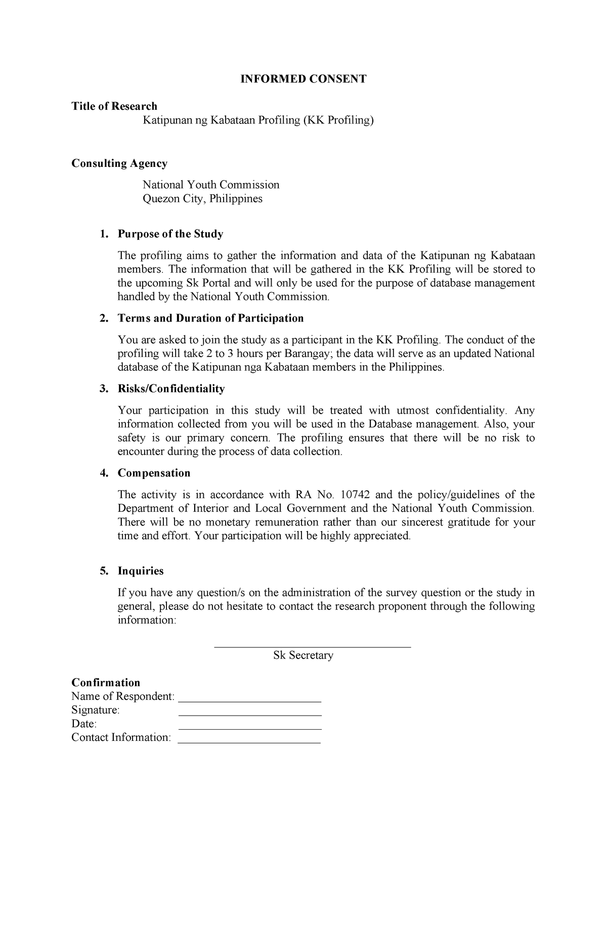 Youth Profiling Form Informed Consent FORM - INFORMED CONSENT Title of ...