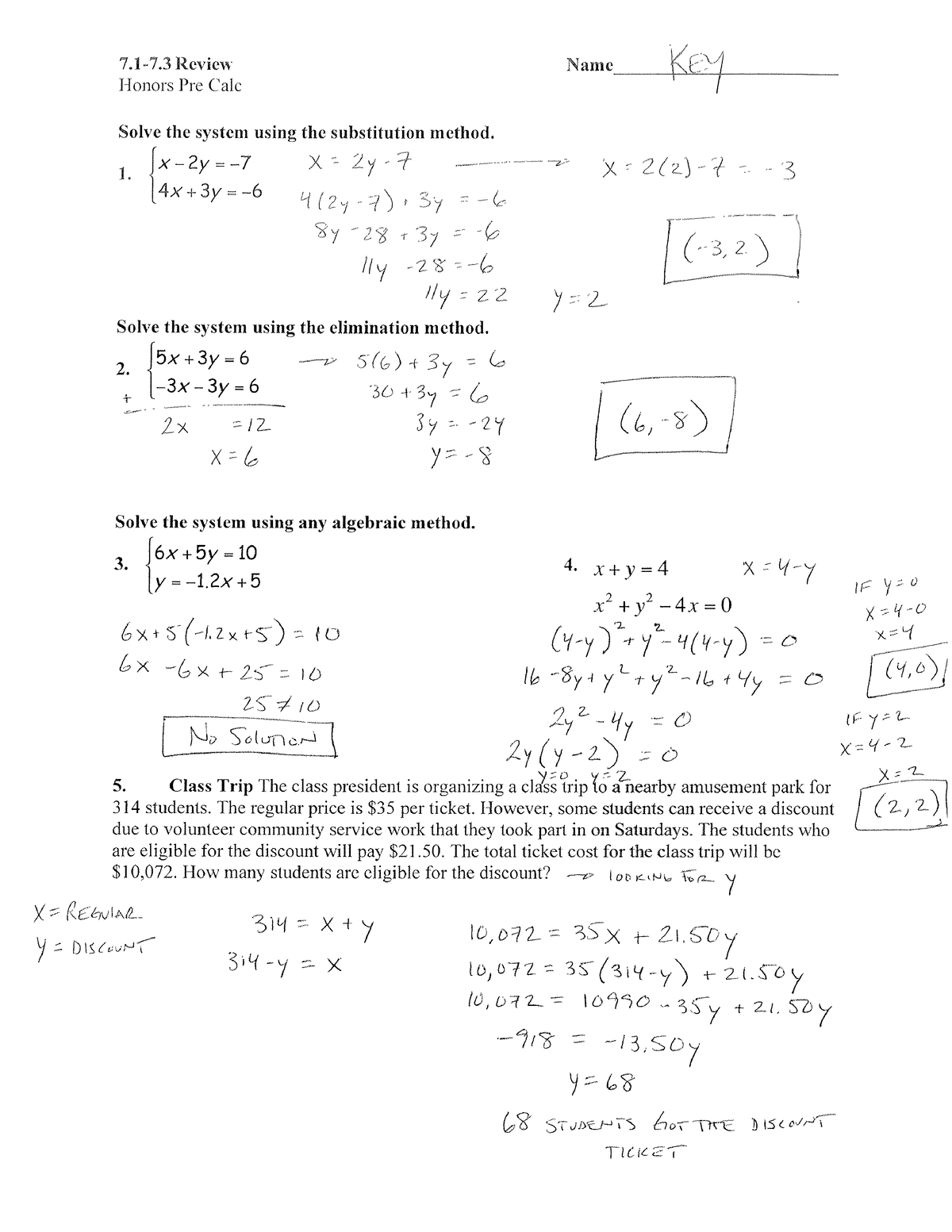 7 - Honors Precalc Answer Key - 7.1-7 Review Honors Pre Cale Name KC ...