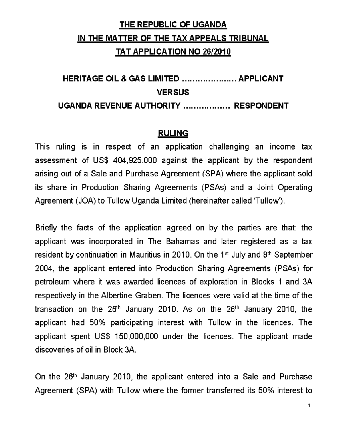 Heritage Oil and Gas Limited v Uganda Revenue Authority (TAT ...