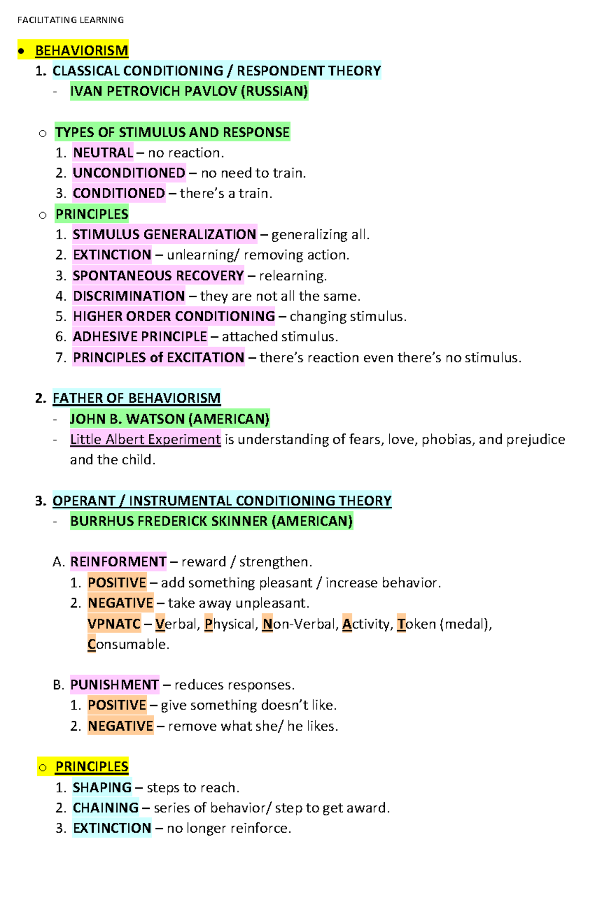 Facilitating Learning - • BEHAVIORISM 1. CLASSICAL CONDITIONING ...