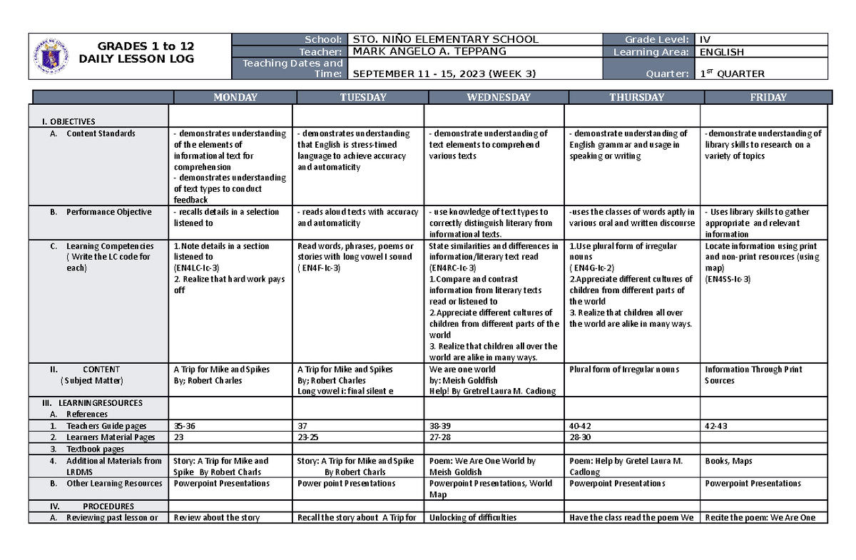 DLL English 4 Q1 W3 - DLL - GRADES 1 to 12 DAILY LESSON LOG School: STO ...