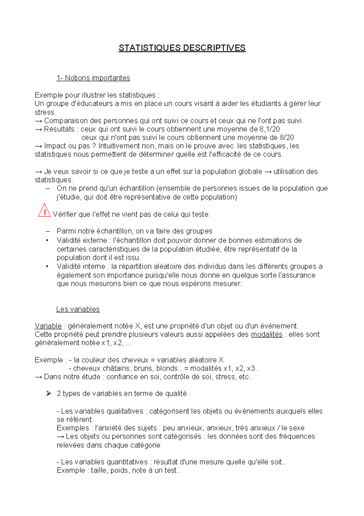 Cours Statistique Psychologie L1 Statistiques Descriptives 1 Notions Importantes Exemple Pour Studocu