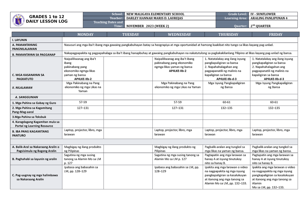 DLL Araling Panlipunan 4 Q2 W2 - GRADES 1 To 12 DAILY LESSON LOG School ...