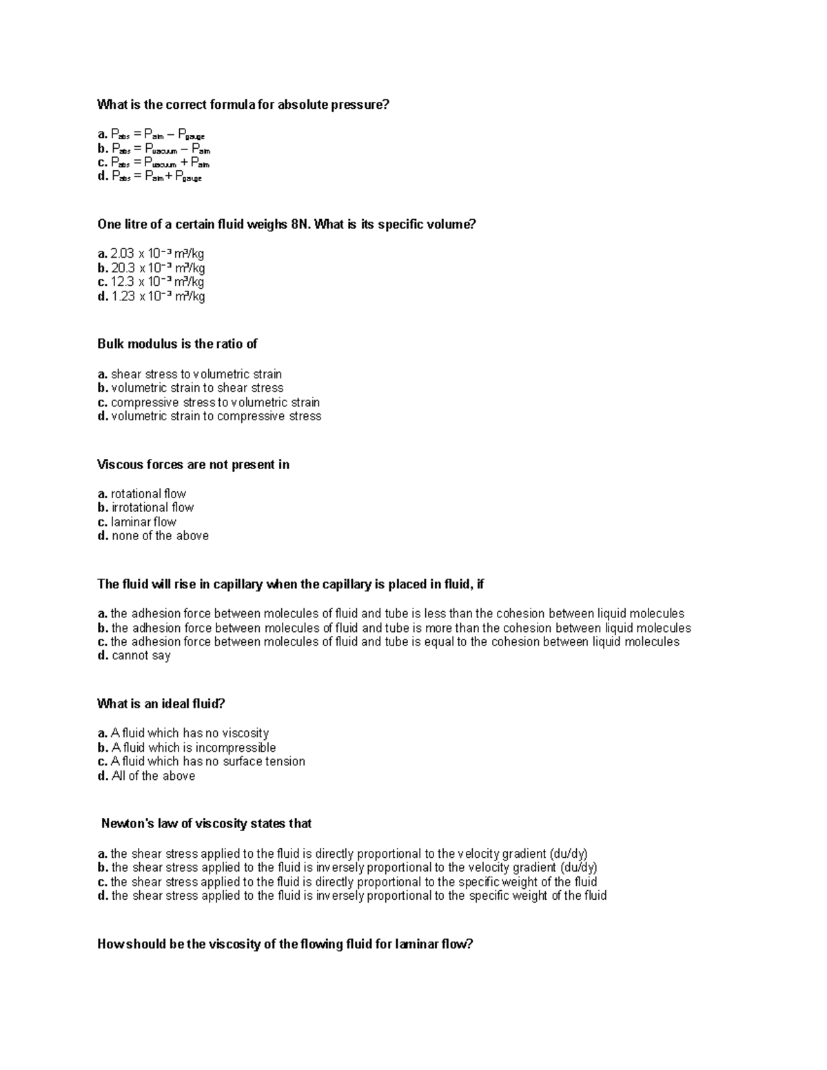 FMHM MCQ What is the correct formula for absolute pressure? a. Pabs