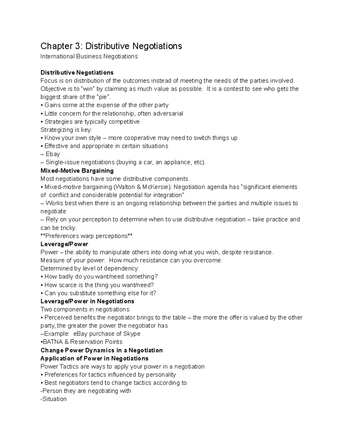 MAN 3442 Chapter 3 - Chapter 3: Distributive Negotiations International ...