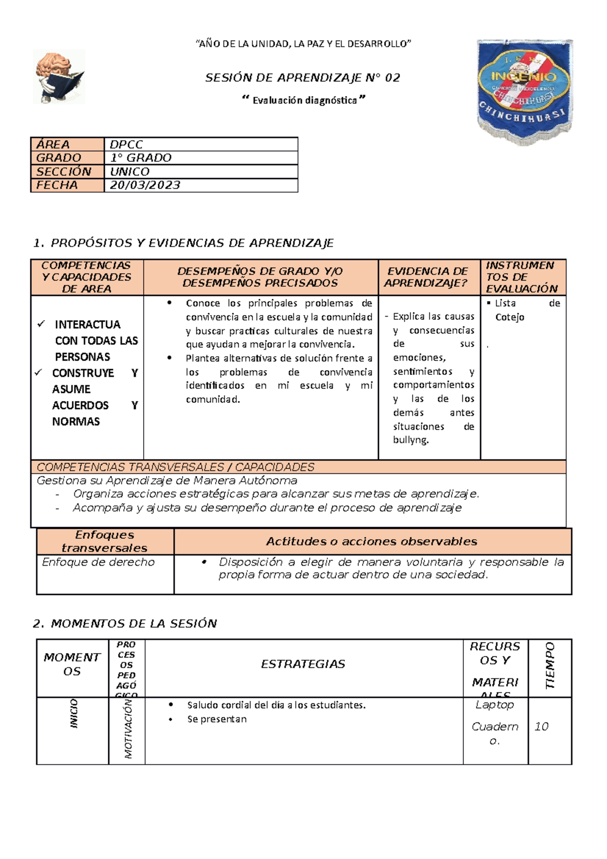 Sesion DPCC 02 1° Grado 2023 - “AÑO DE LA UNIDAD, LA PAZ Y EL ...