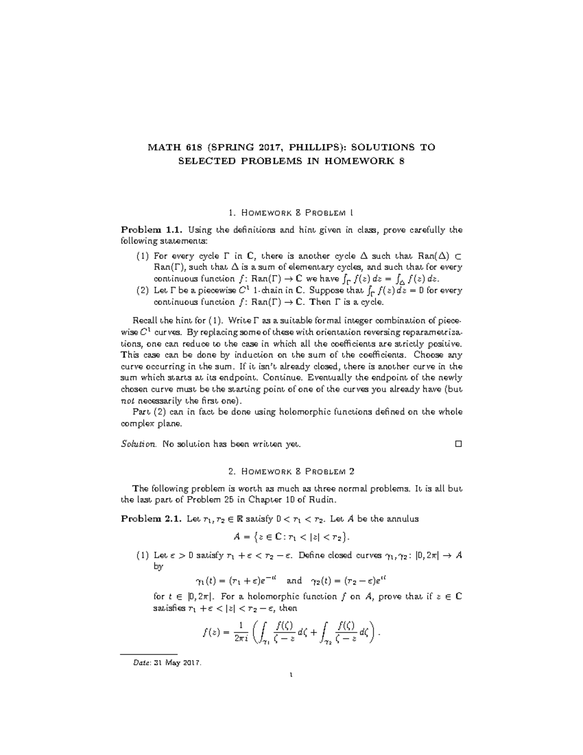 618 Sp17 HW08 Soln - Homework assignment 8 - MATH 618 (SPRING 2017 ...