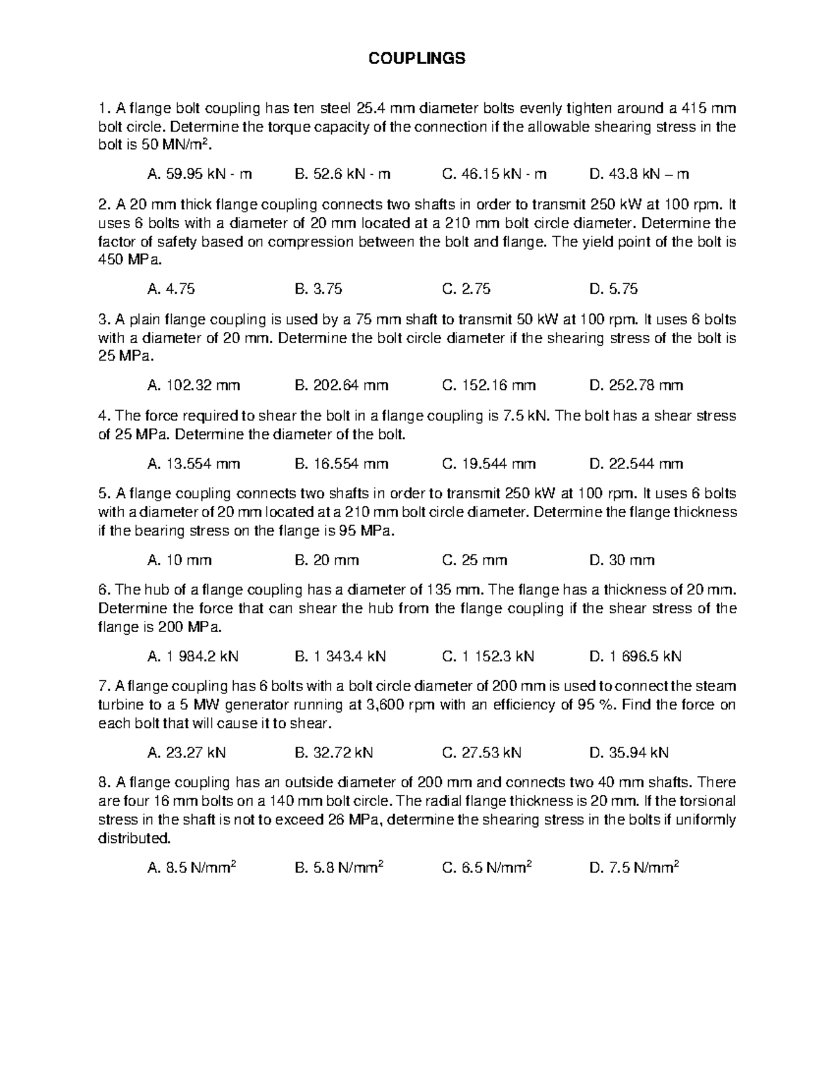 Coupling- Sample Problems - COUPLINGS A flange bolt coupling has ten ...