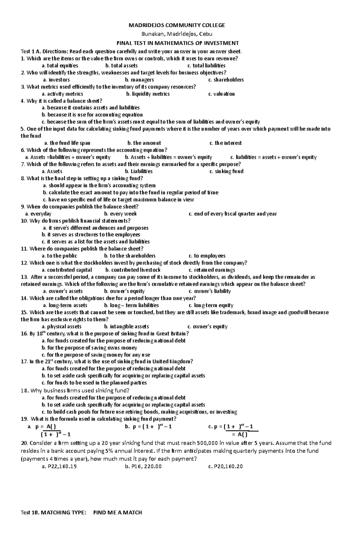 Final in Math of Investment - MADRIDEJOS COMMUNITY COLLEGE Bunakan ...